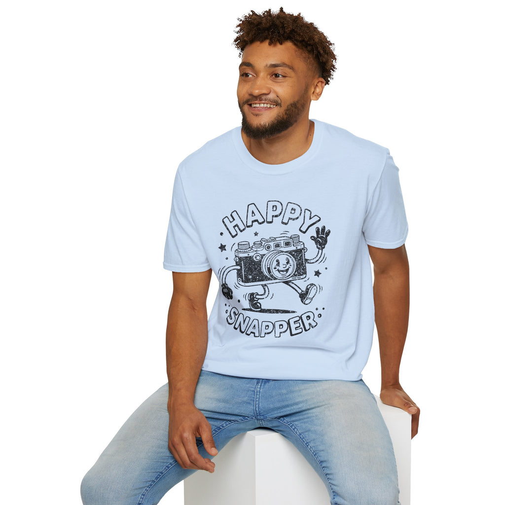 Happy Snapper DISTRESSED VERSION fun 1930’s art style camera graphic T-Shirt — Photography Lover Tee