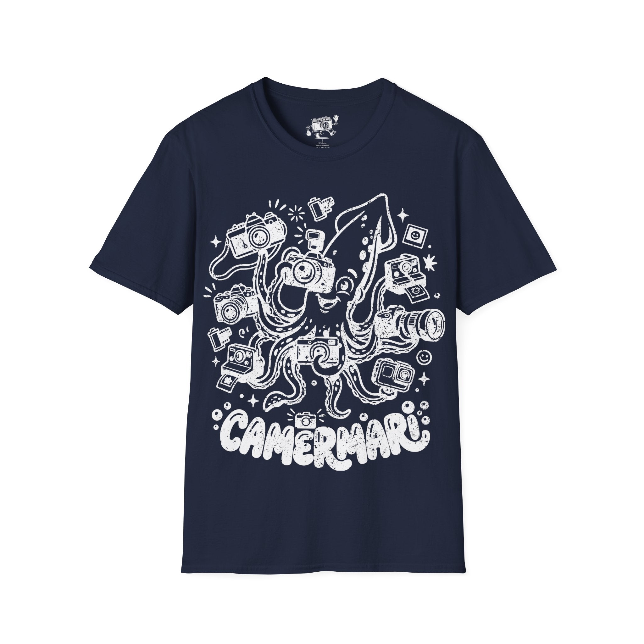 ‘Camerami’ DISTRESSED VERSION Fun Squid Calamari/Cameras T-Shirt — Photography Lover Tee