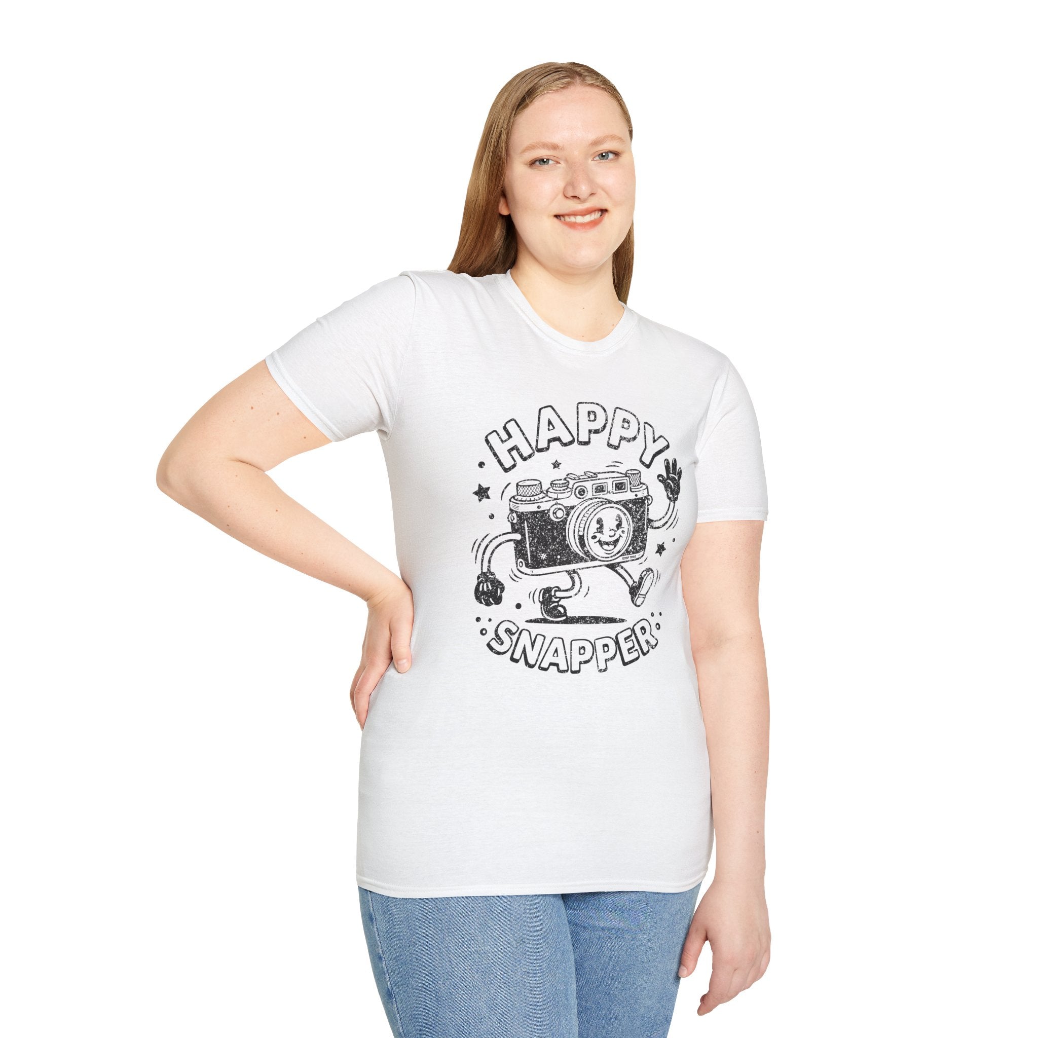 Happy Snapper DISTRESSED VERSION fun 1930’s art style camera graphic T-Shirt — Photography Lover Tee