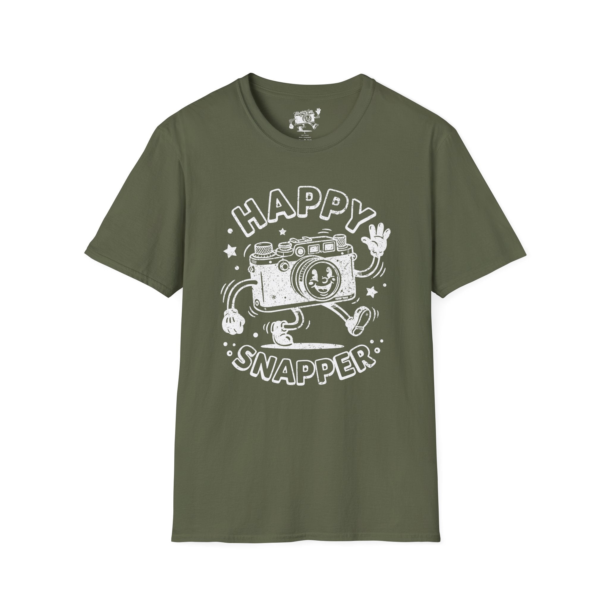 Happy Snapper DISTRESSED VERSION fun 1930’s art style camera graphic T-Shirt — Photography Lover Tee
