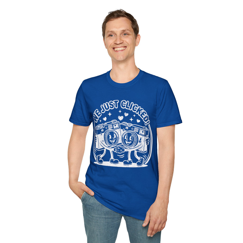 ‘We Just Clicked!’ DISTRESSED VERSION camera besties forever fun 1930’s art style camera graphic T-Shirt — Photography Lover Tee