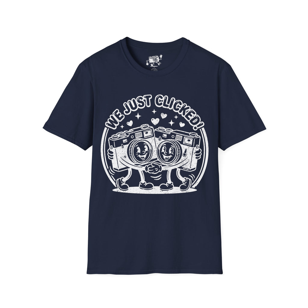 ‘We Just Clicked!’ DISTRESSED VERSION camera besties forever fun 1930’s art style camera graphic T-Shirt — Photography Lover Tee