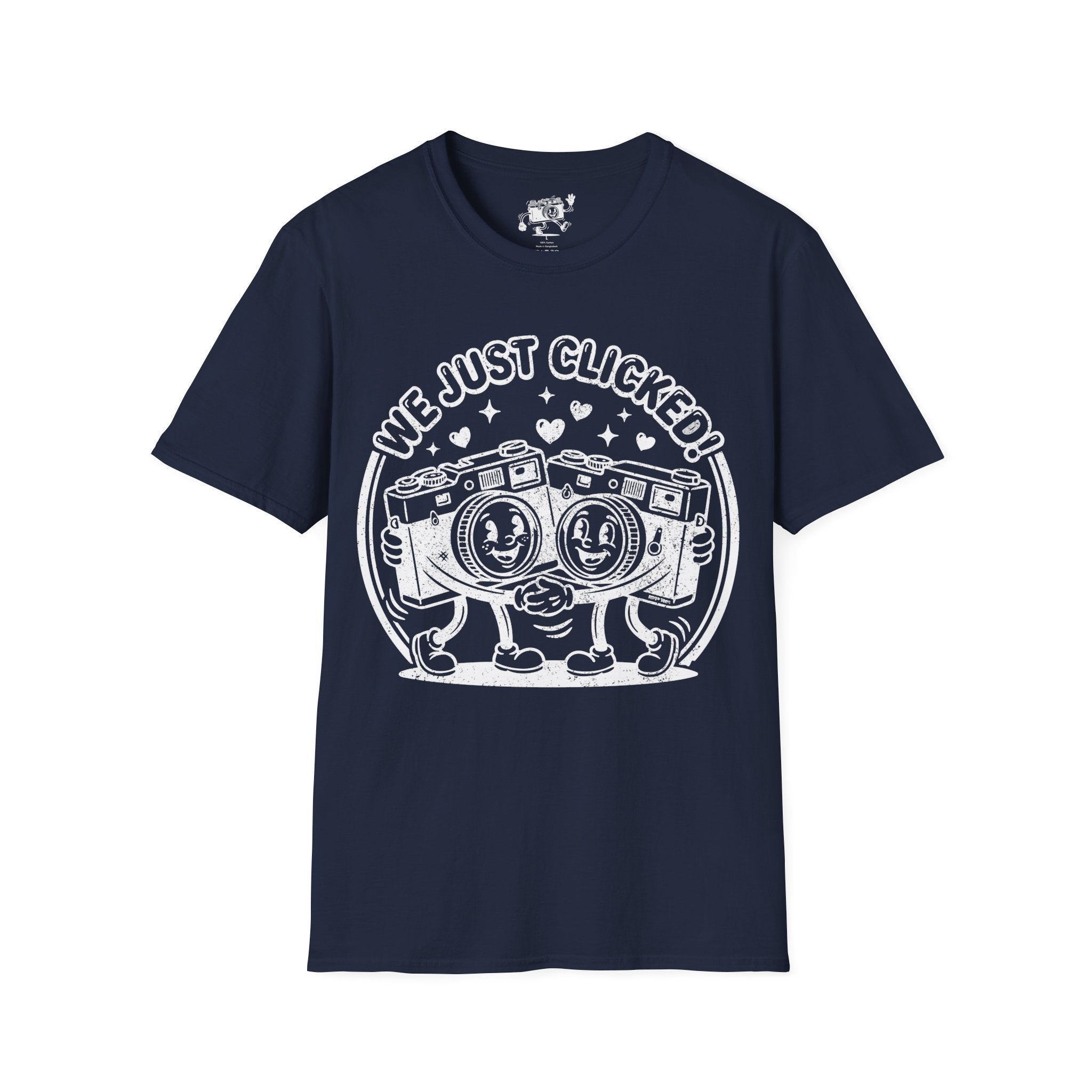 ‘We Just Clicked!’ DISTRESSED VERSION camera besties forever fun 1930’s art style camera graphic T-Shirt — Photography Lover Tee