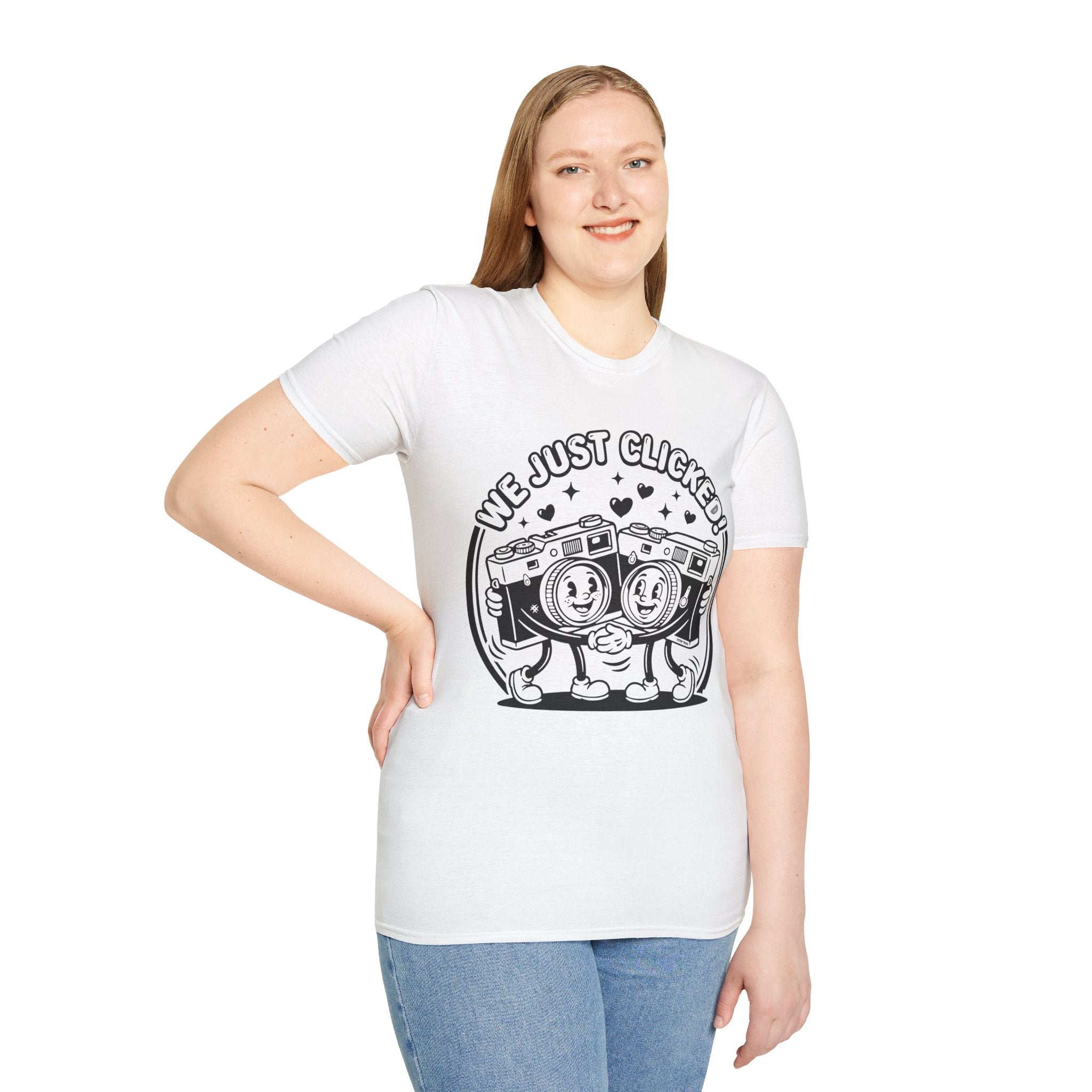 ‘We Just Clicked!’ camera besties forever fun 1930’s art style camera graphic T-Shirt — Photography Lover Tee
