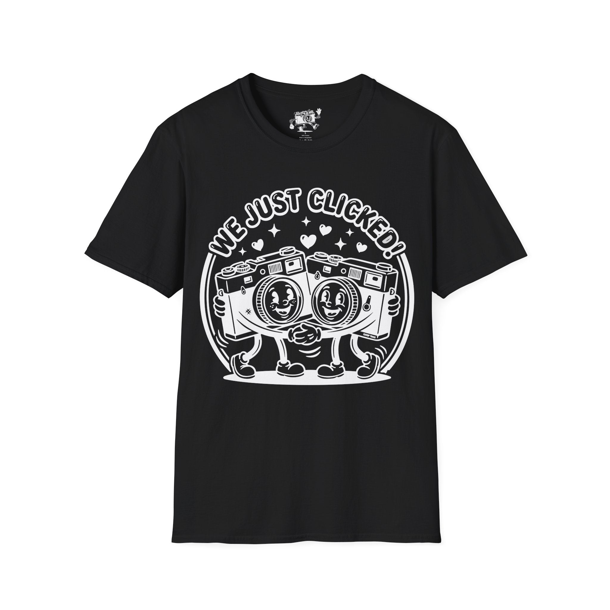 ‘We Just Clicked!’ camera besties forever fun 1930’s art style camera graphic T-Shirt — Photography Lover Tee