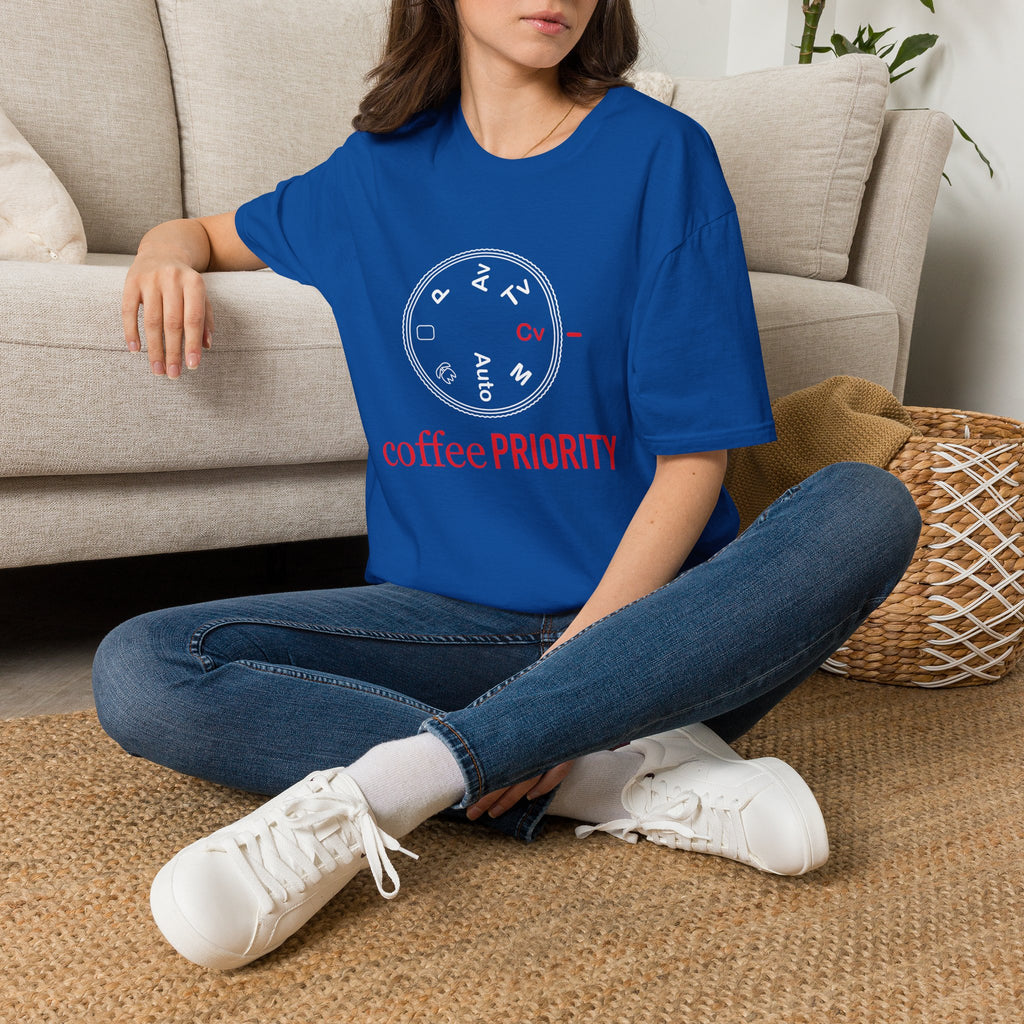 ‘Coffee Priority’ Funny Camera T-Shirt — Photography Lover Tee