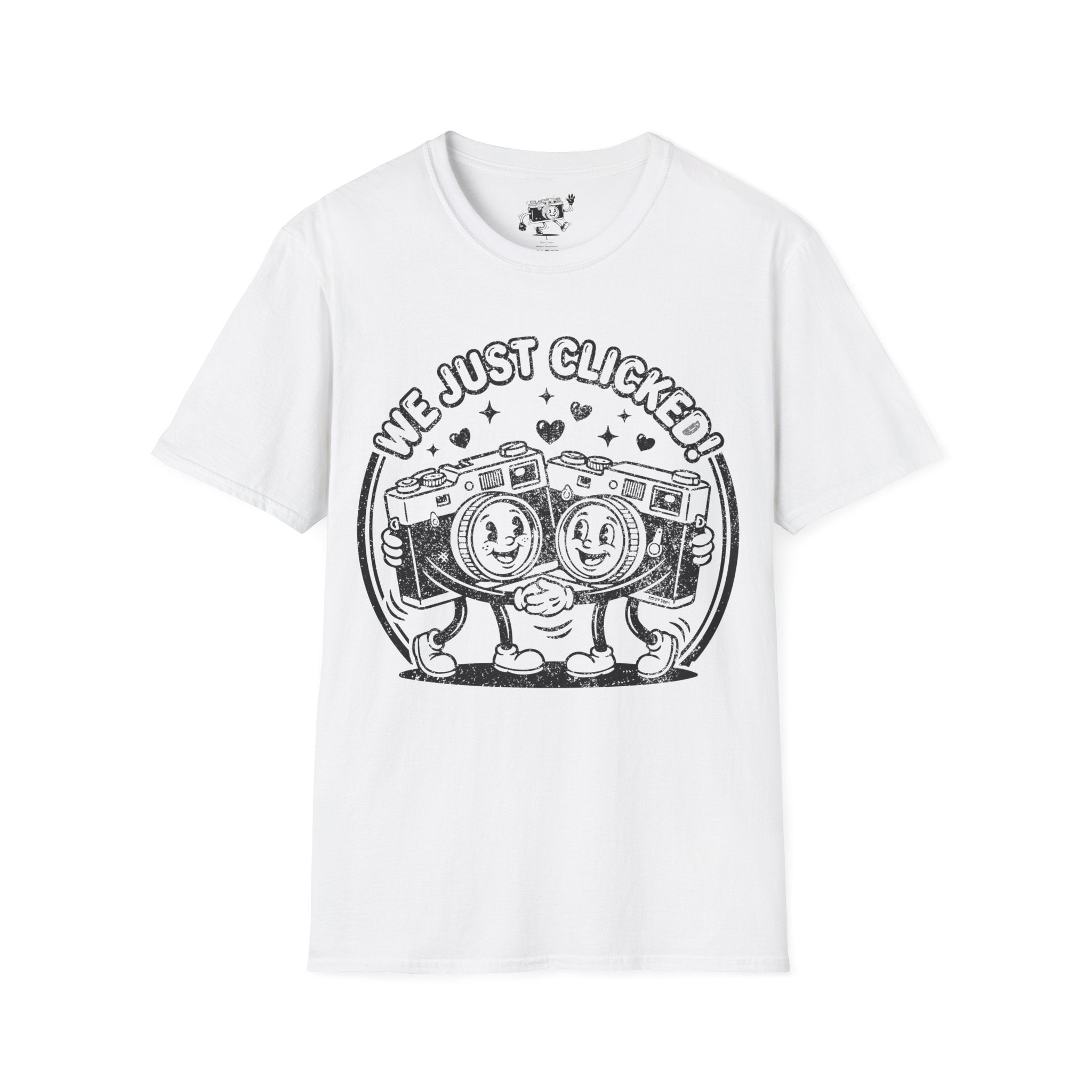 ‘We Just Clicked!’ DISTRESSED VERSION camera besties forever fun 1930’s art style camera graphic T-Shirt — Photography Lover Tee