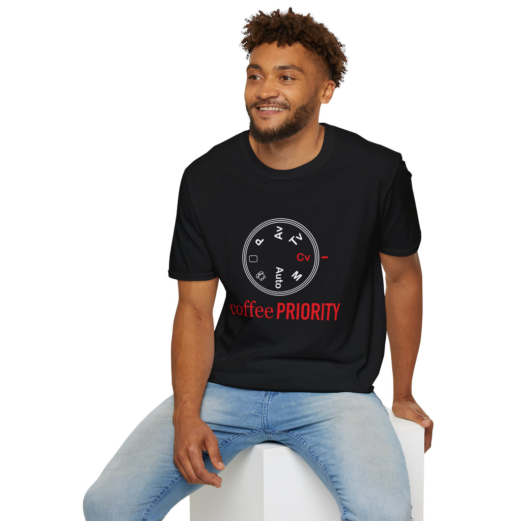 ‘Coffee Priority’ Funny Camera T-Shirt — Photography Lover Tee