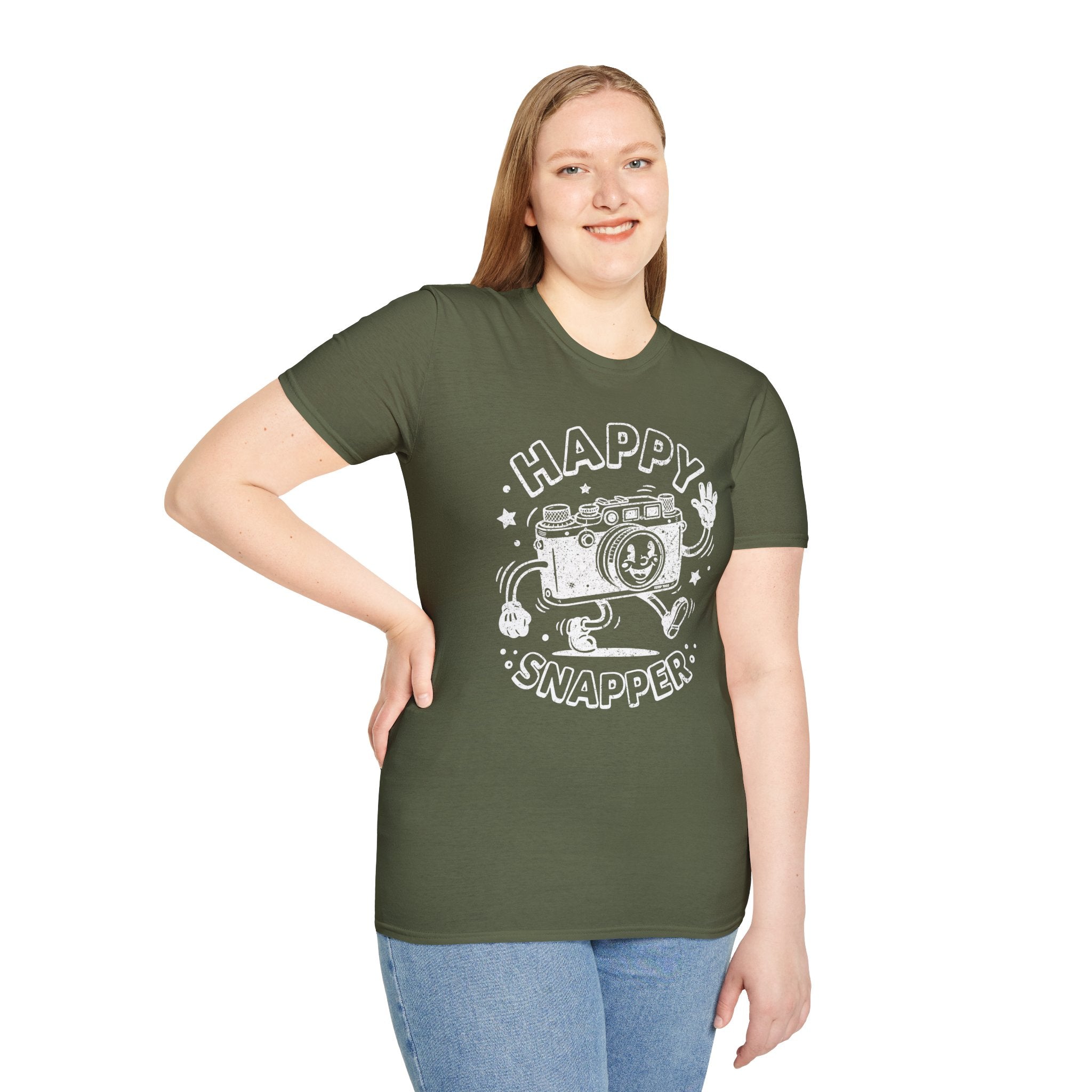 Happy Snapper DISTRESSED VERSION fun 1930’s art style camera graphic T-Shirt — Photography Lover Tee