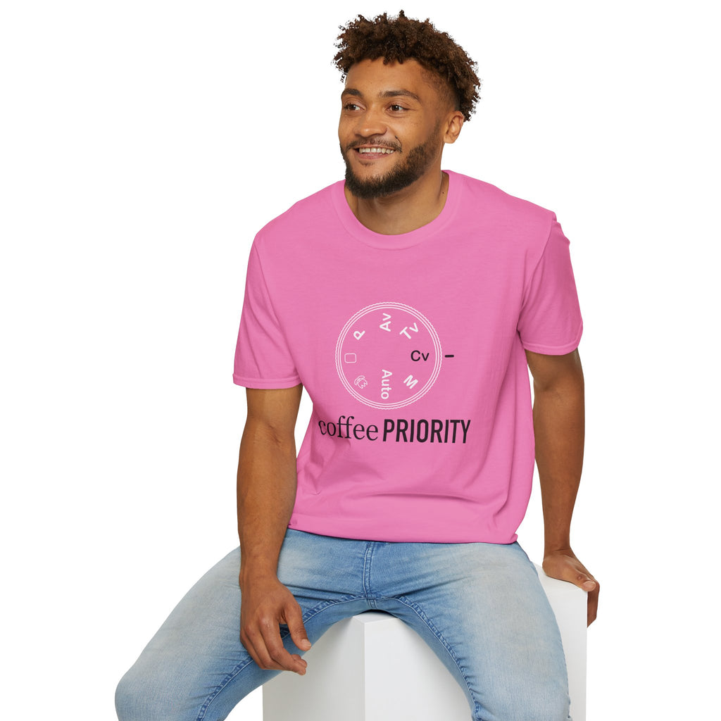 ‘Coffee Priority’ Funny Camera T-Shirt — Photography Lover Tee
