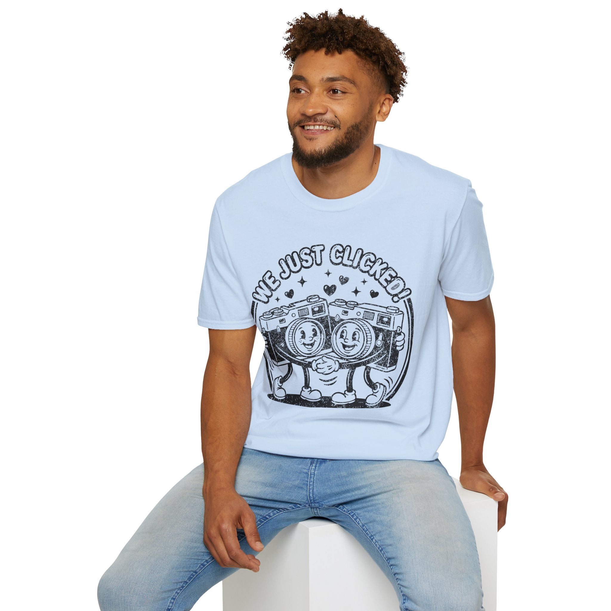 ‘We Just Clicked!’ DISTRESSED VERSION camera besties forever fun 1930’s art style camera graphic T-Shirt — Photography Lover Tee