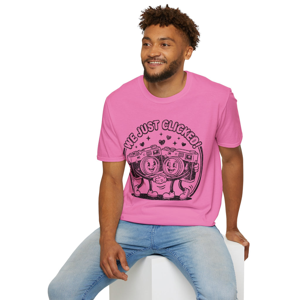 ‘We Just Clicked!’ DISTRESSED VERSION camera besties forever fun 1930’s art style camera graphic T-Shirt — Photography Lover Tee