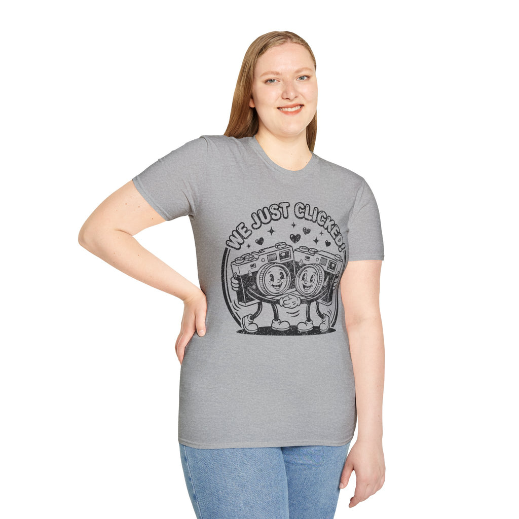 ‘We Just Clicked!’ DISTRESSED VERSION camera besties forever fun 1930’s art style camera graphic T-Shirt — Photography Lover Tee