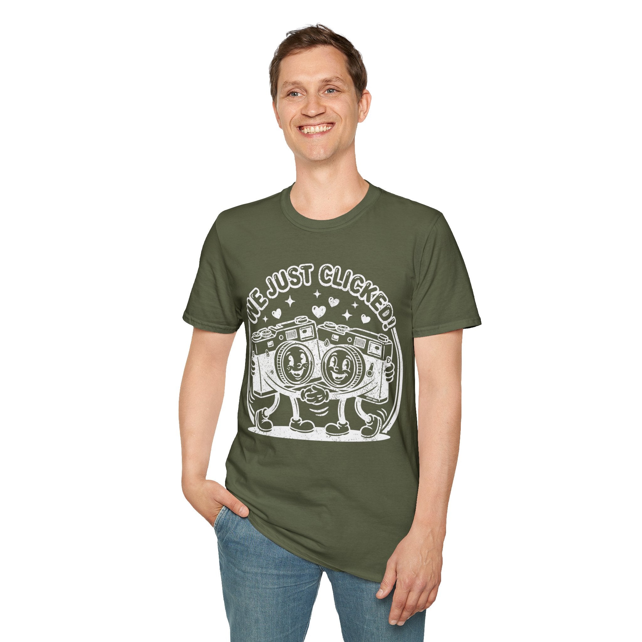 ‘We Just Clicked!’ DISTRESSED VERSION camera besties forever fun 1930’s art style camera graphic T-Shirt — Photography Lover Tee