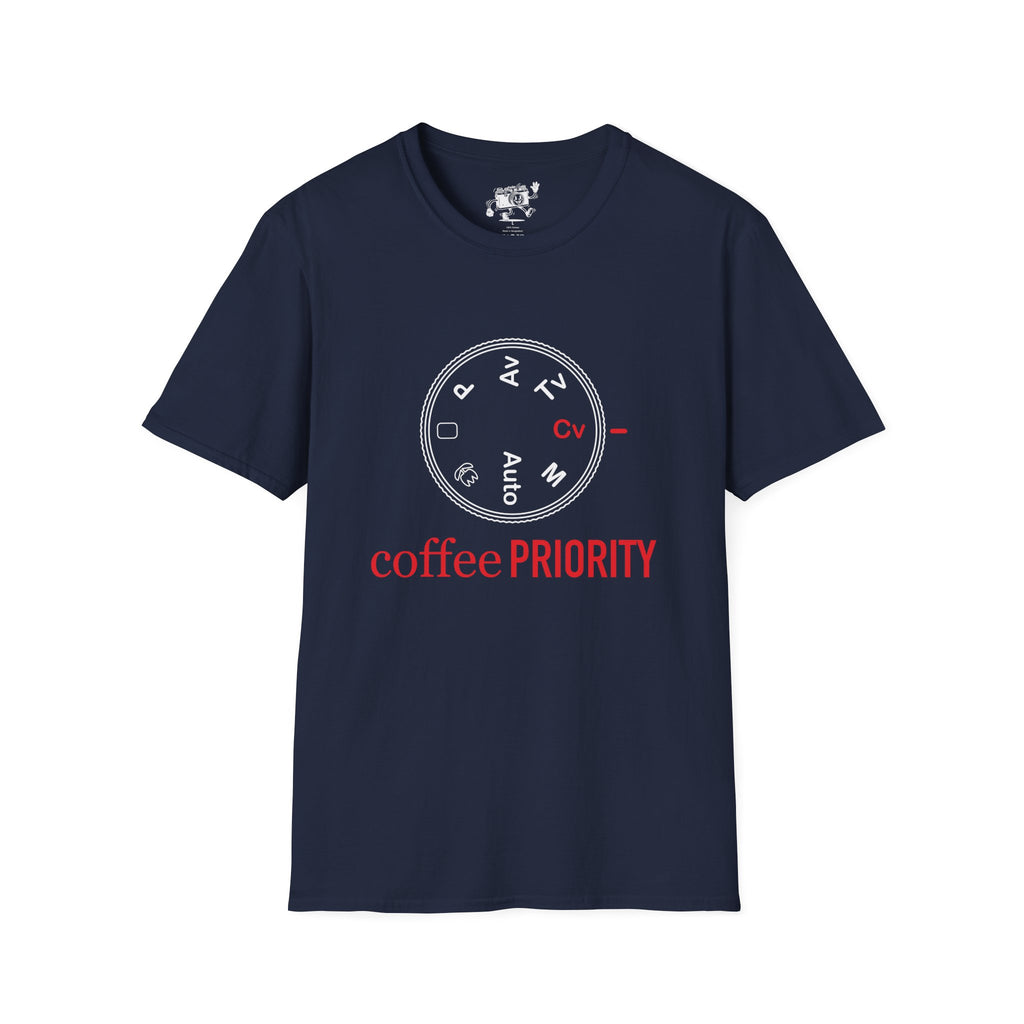 ‘Coffee Priority’ Funny Camera T-Shirt — Photography Lover Tee