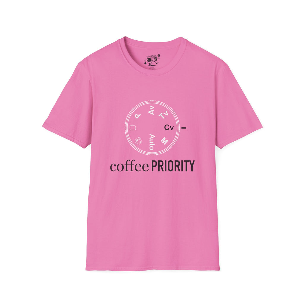 ‘Coffee Priority’ Funny Camera T-Shirt — Photography Lover Tee