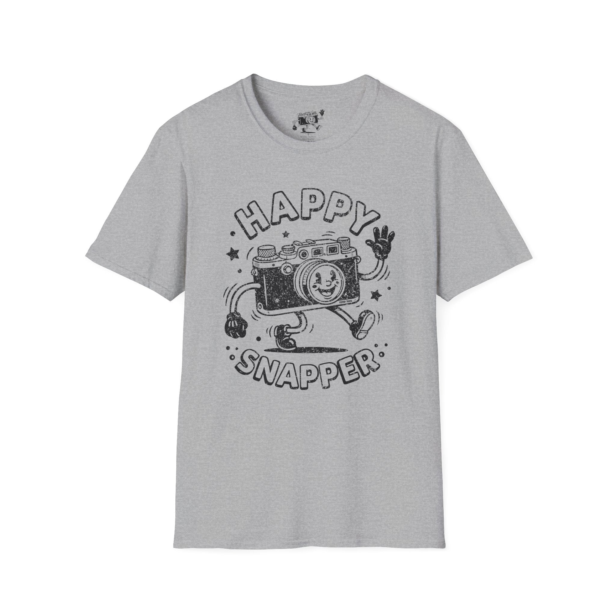Happy Snapper DISTRESSED VERSION fun 1930’s art style camera graphic T-Shirt — Photography Lover Tee