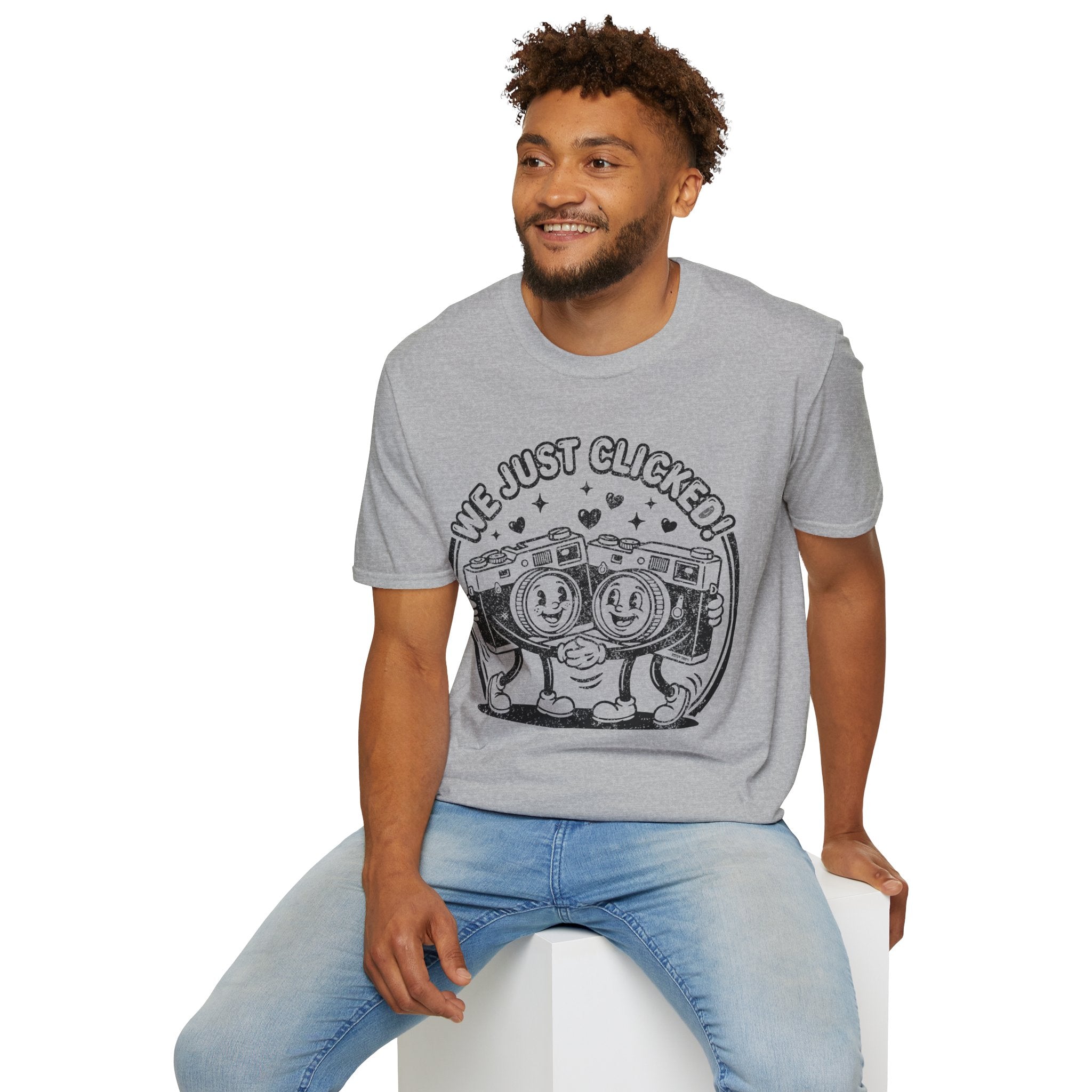 ‘We Just Clicked!’ DISTRESSED VERSION camera besties forever fun 1930’s art style camera graphic T-Shirt — Photography Lover Tee