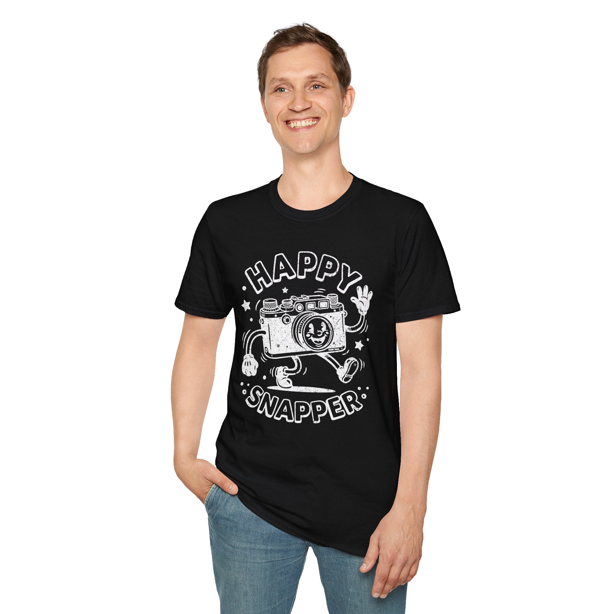 Happy Snapper DISTRESSED VERSION fun 1930’s art style camera graphic T-Shirt — Photography Lover Tee