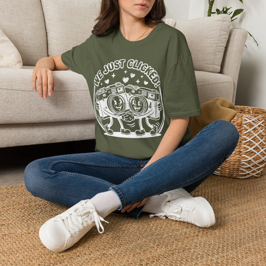 ‘We Just Clicked!’ DISTRESSED VERSION camera besties forever fun 1930’s art style camera graphic T-Shirt — Photography Lover Tee