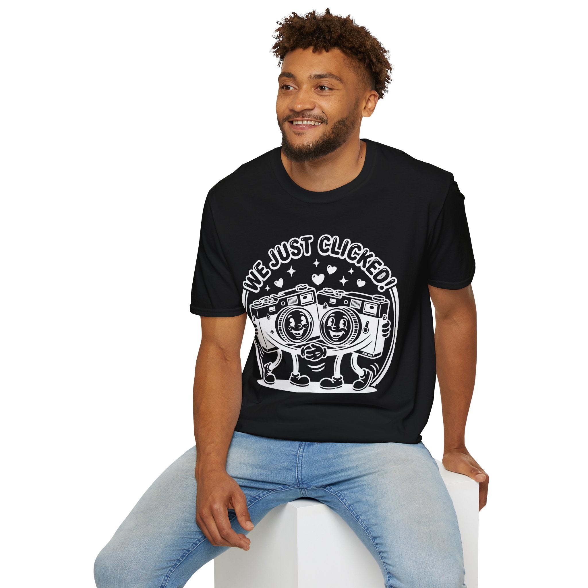 ‘We Just Clicked!’ camera besties forever fun 1930’s art style camera graphic T-Shirt — Photography Lover Tee
