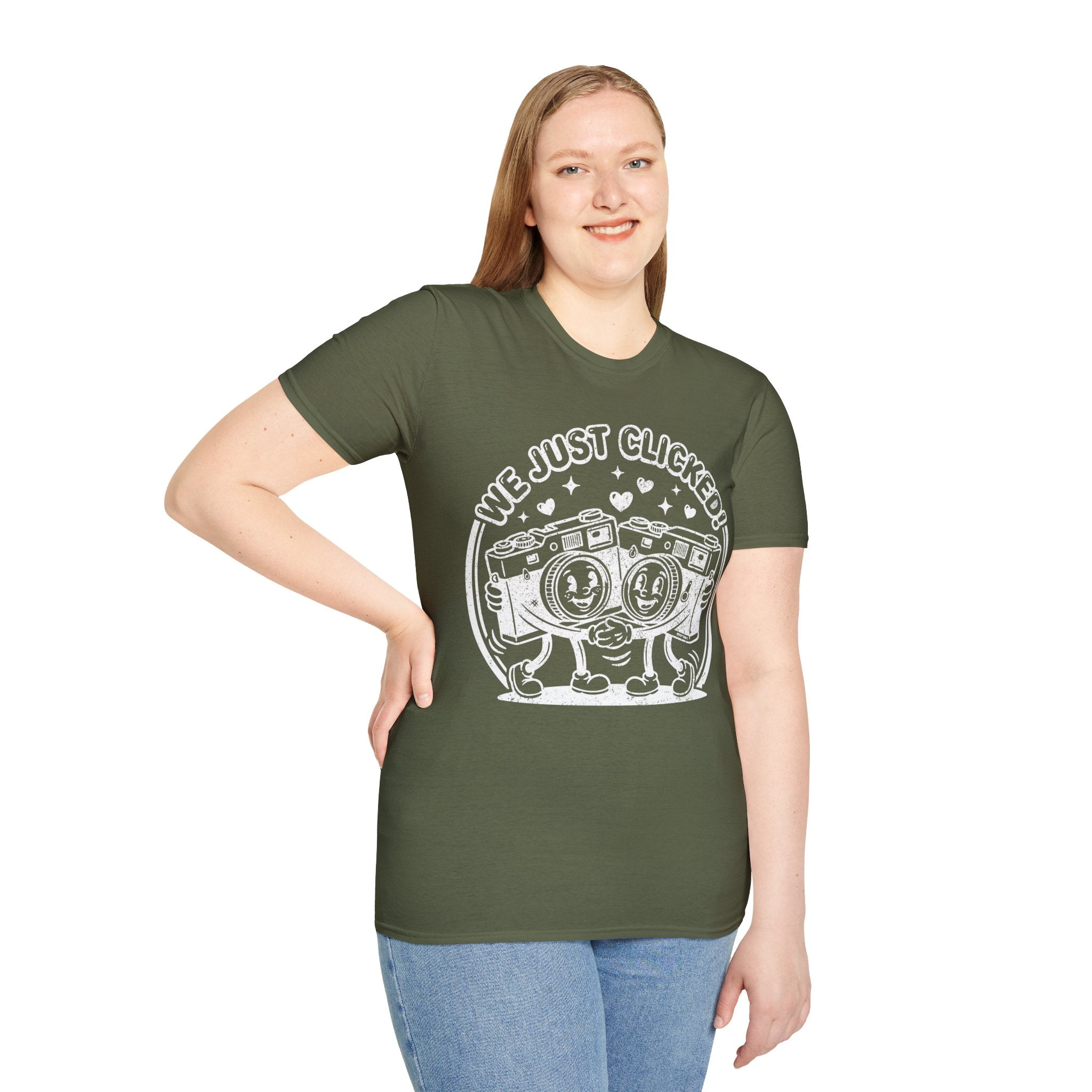 ‘We Just Clicked!’ DISTRESSED VERSION camera besties forever fun 1930’s art style camera graphic T-Shirt — Photography Lover Tee