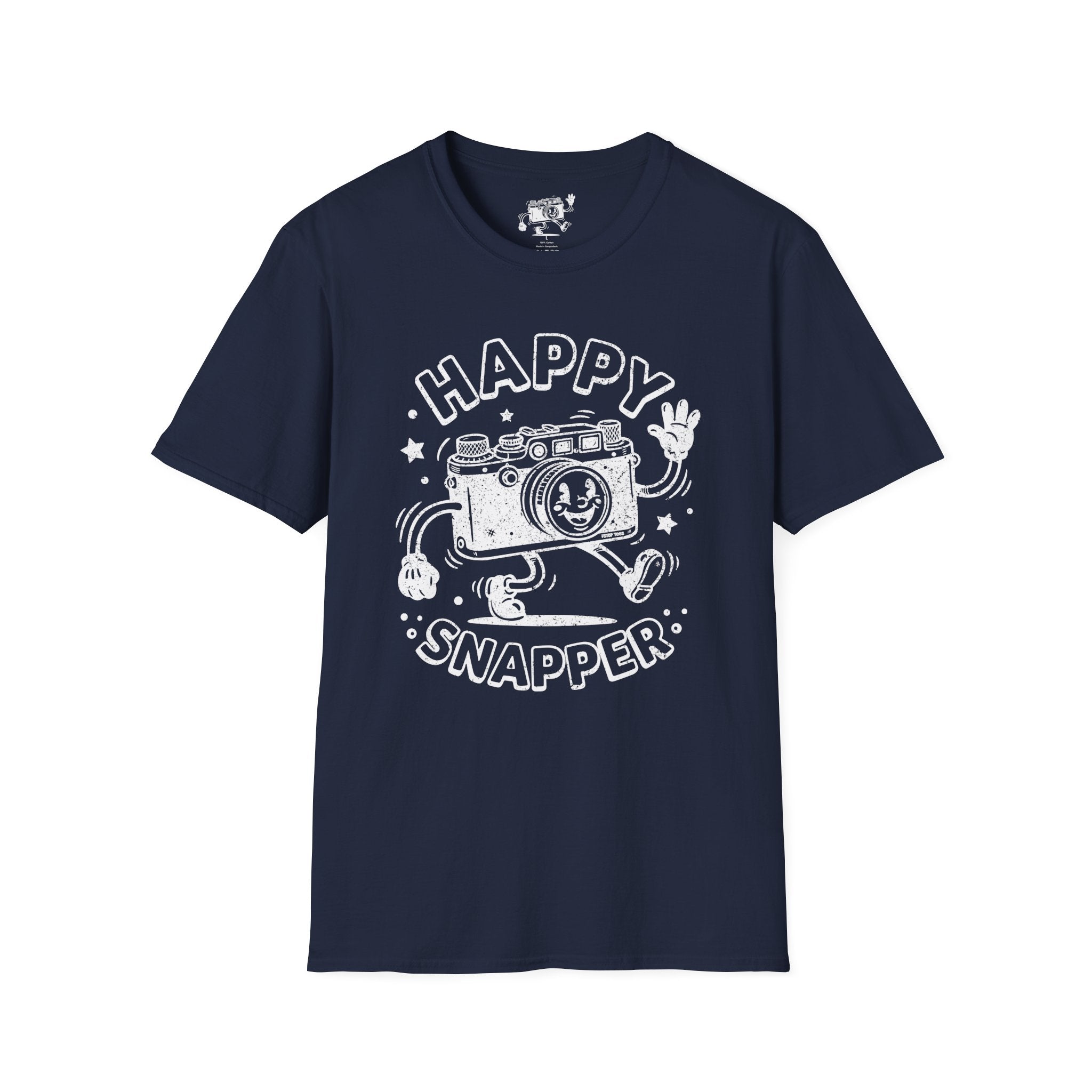 Happy Snapper DISTRESSED VERSION fun 1930’s art style camera graphic T-Shirt — Photography Lover Tee