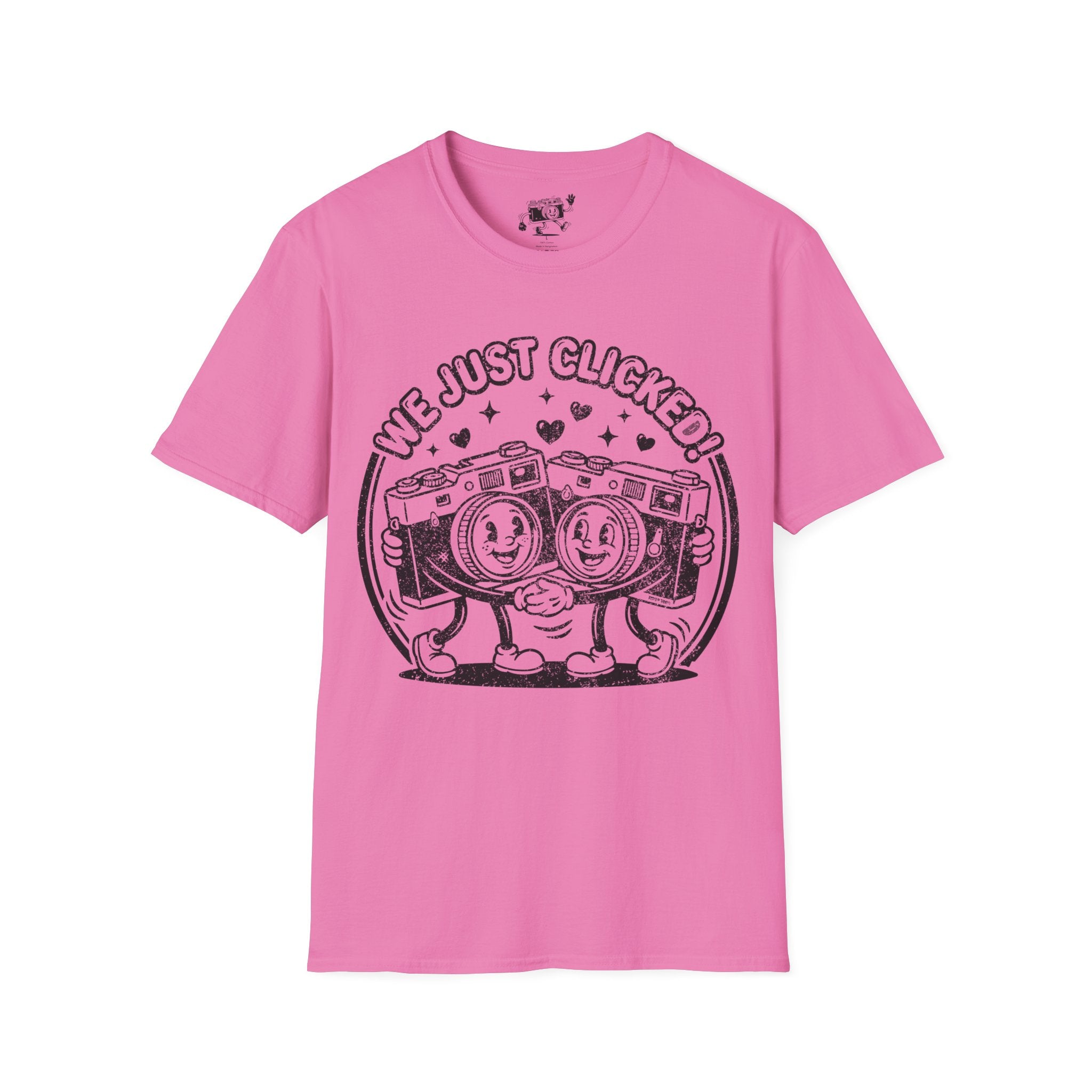 ‘We Just Clicked!’ DISTRESSED VERSION camera besties forever fun 1930’s art style camera graphic T-Shirt — Photography Lover Tee