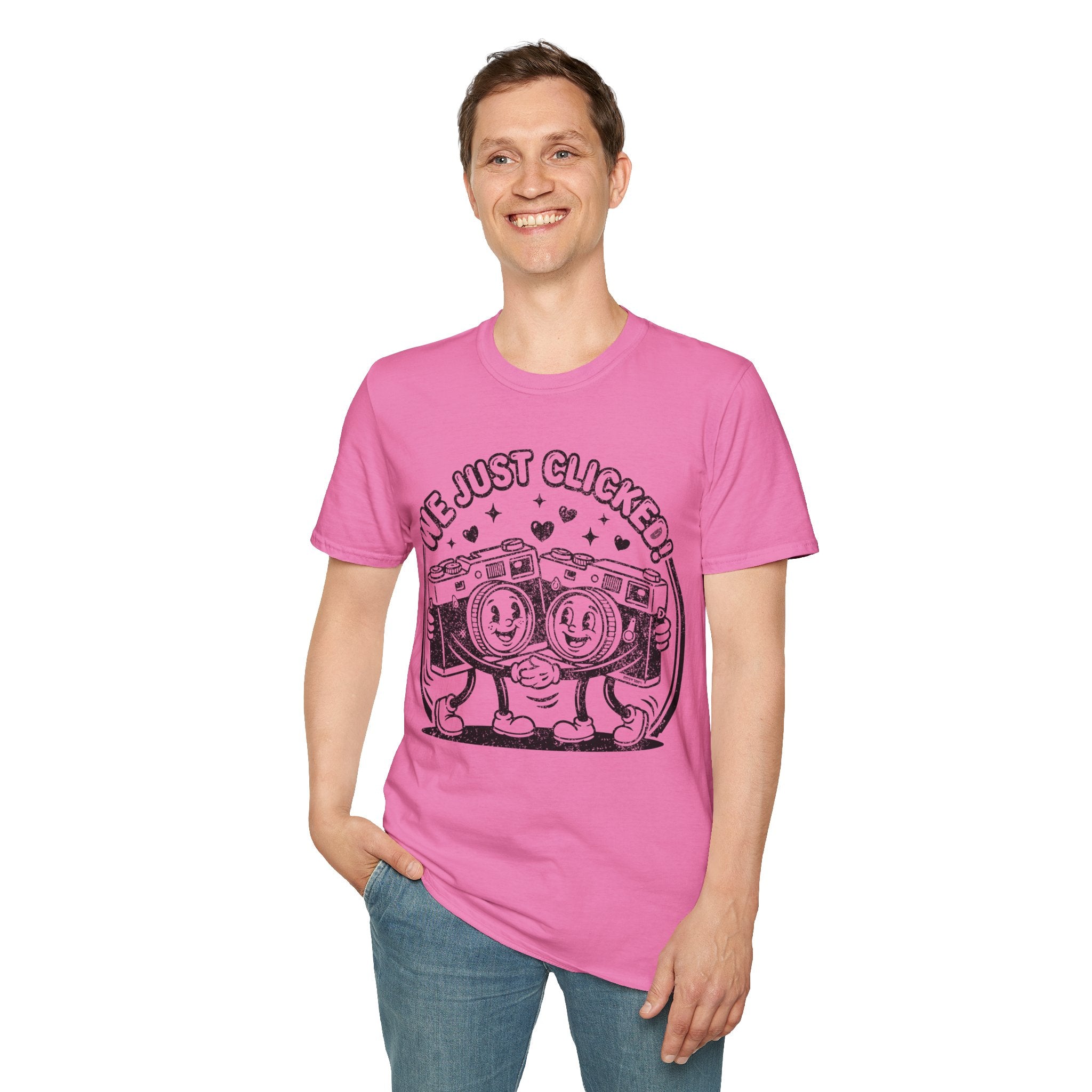 ‘We Just Clicked!’ DISTRESSED VERSION camera besties forever fun 1930’s art style camera graphic T-Shirt — Photography Lover Tee