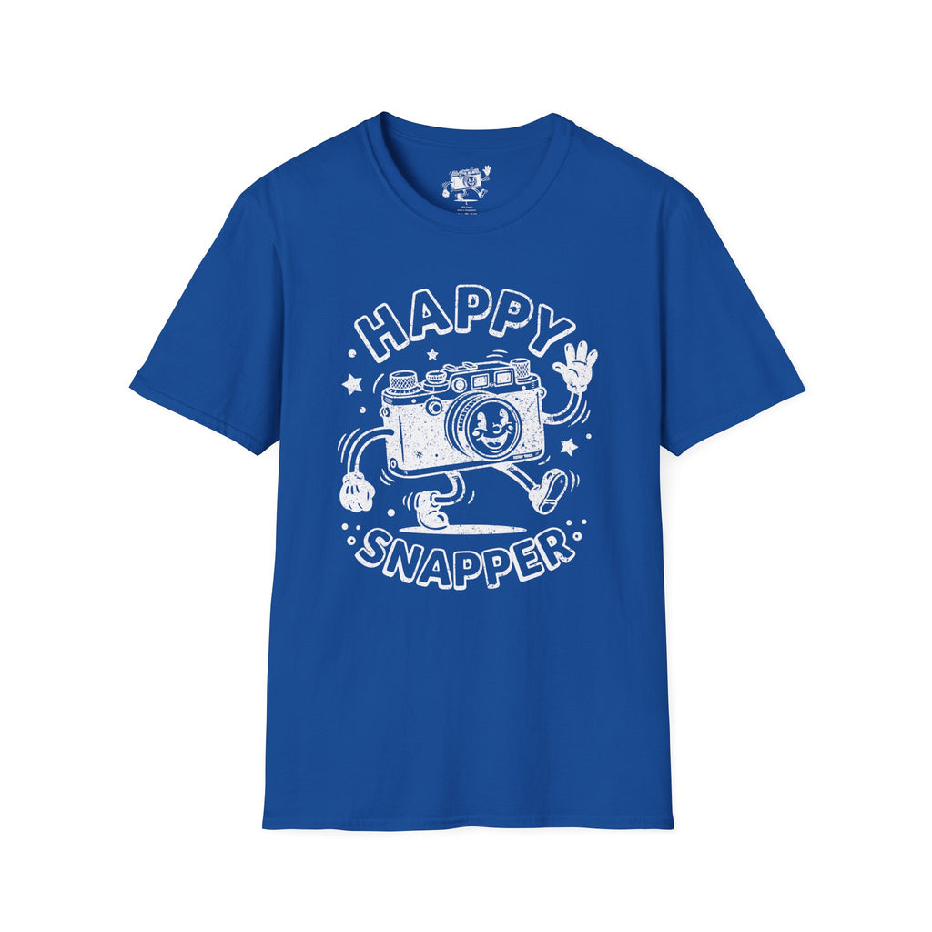 Happy Snapper DISTRESSED VERSION fun 1930’s art style camera graphic T-Shirt — Photography Lover Tee