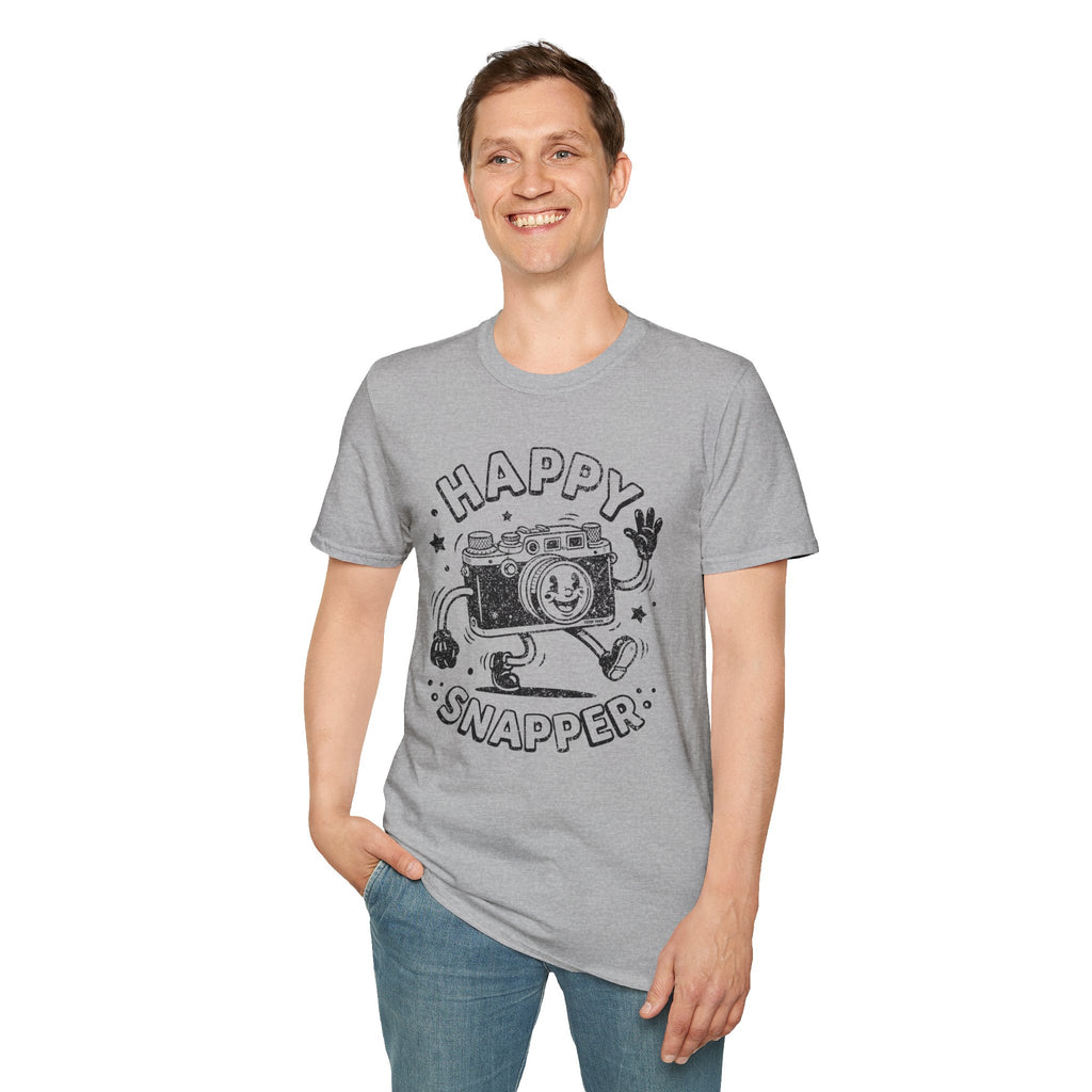 Happy Snapper DISTRESSED VERSION fun 1930’s art style camera graphic T-Shirt — Photography Lover Tee