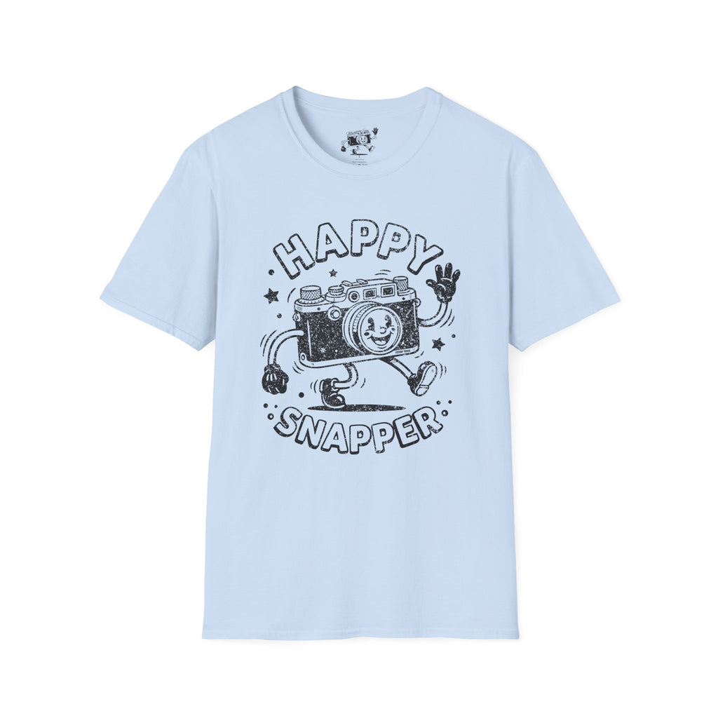 Happy Snapper DISTRESSED VERSION fun 1930’s art style camera graphic T-Shirt — Photography Lover Tee