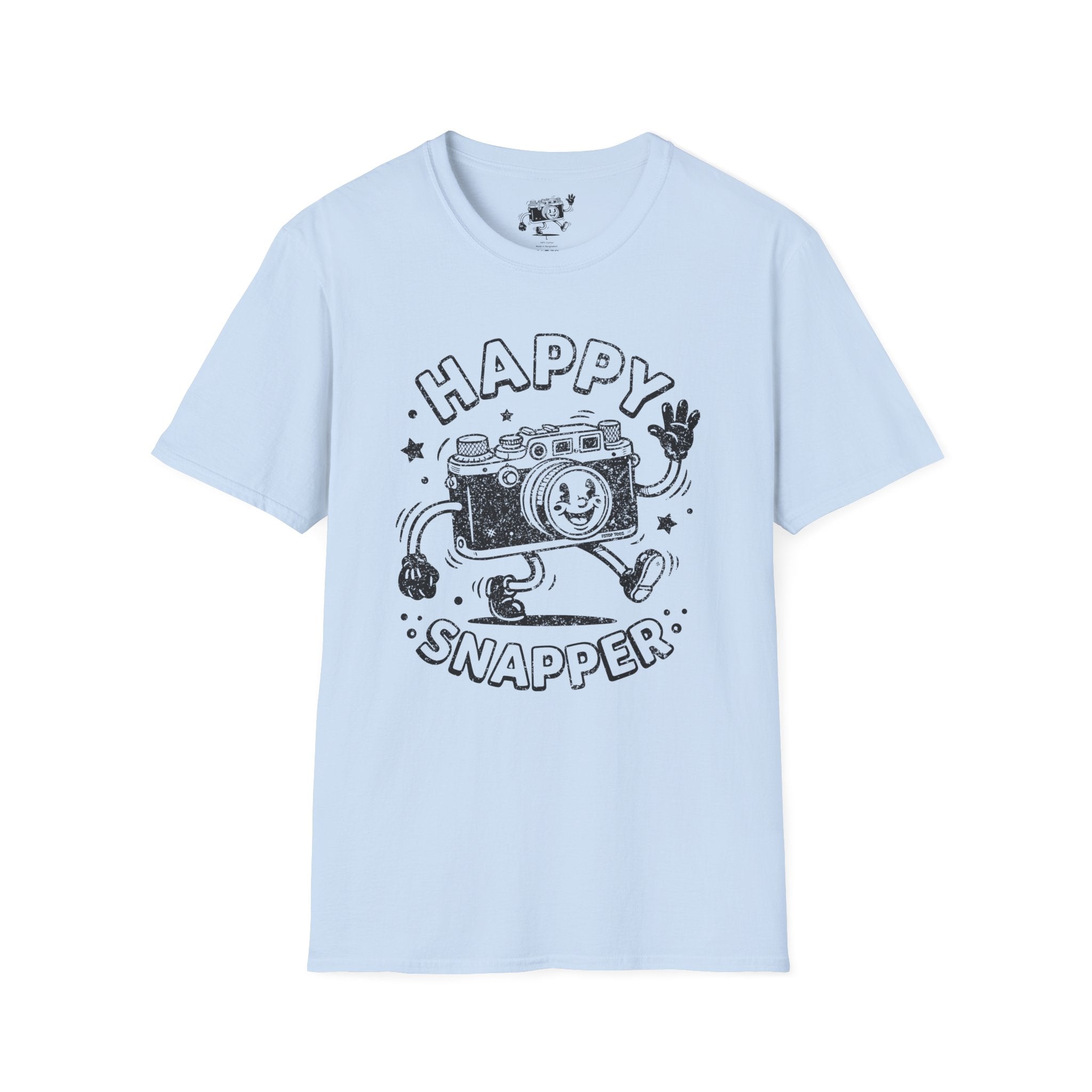 Happy Snapper DISTRESSED VERSION fun 1930’s art style camera graphic T-Shirt — Photography Lover Tee