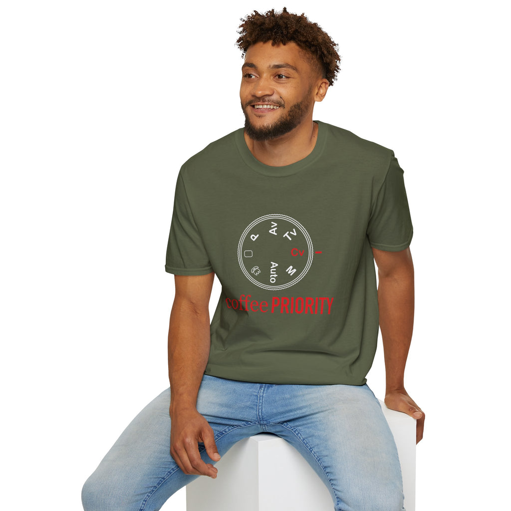‘Coffee Priority’ Funny Camera T-Shirt — Photography Lover Tee